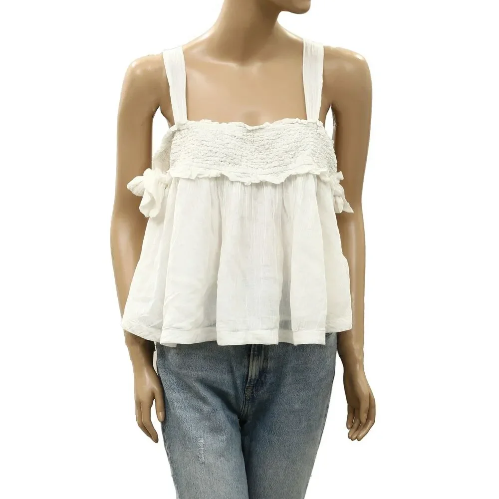 Free People Free-est Kirby Top Swingy Tank Blouse Smocked Cotton Ivory M 288883